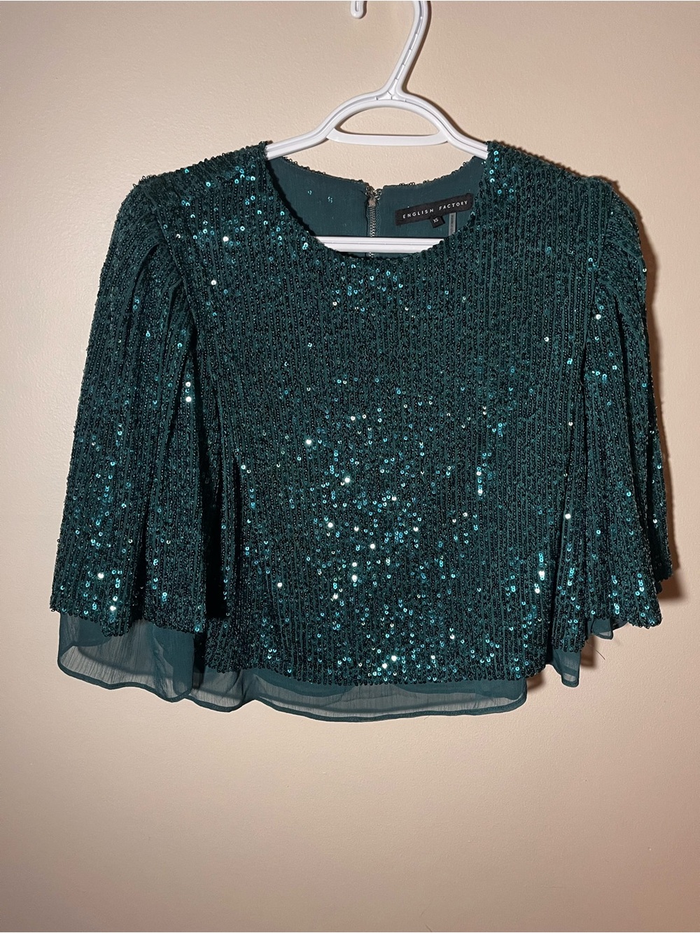 English Factory Teal Sequin Flutter Sleeve Blouse